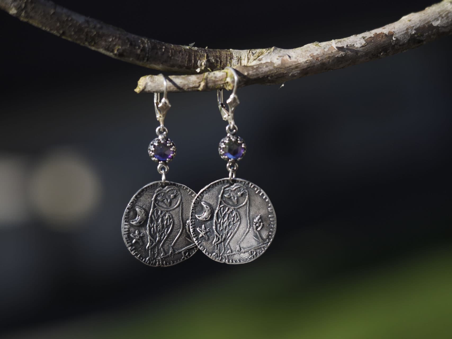 Eulen-Münze aus Silber mit echten eingefassten Amethyst-Edelsteinen, Nr. A6